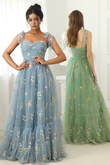 Grey Blue Long Ball Dress With Embroidery
